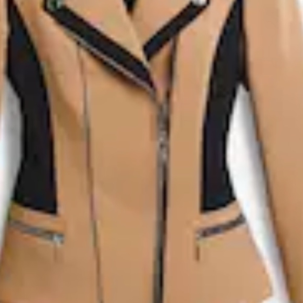 WHBM Blazer Jacket, Moto Asymmetrical Zippers, Tan Black, EUC, Sz 10 - Picture 4 of 9